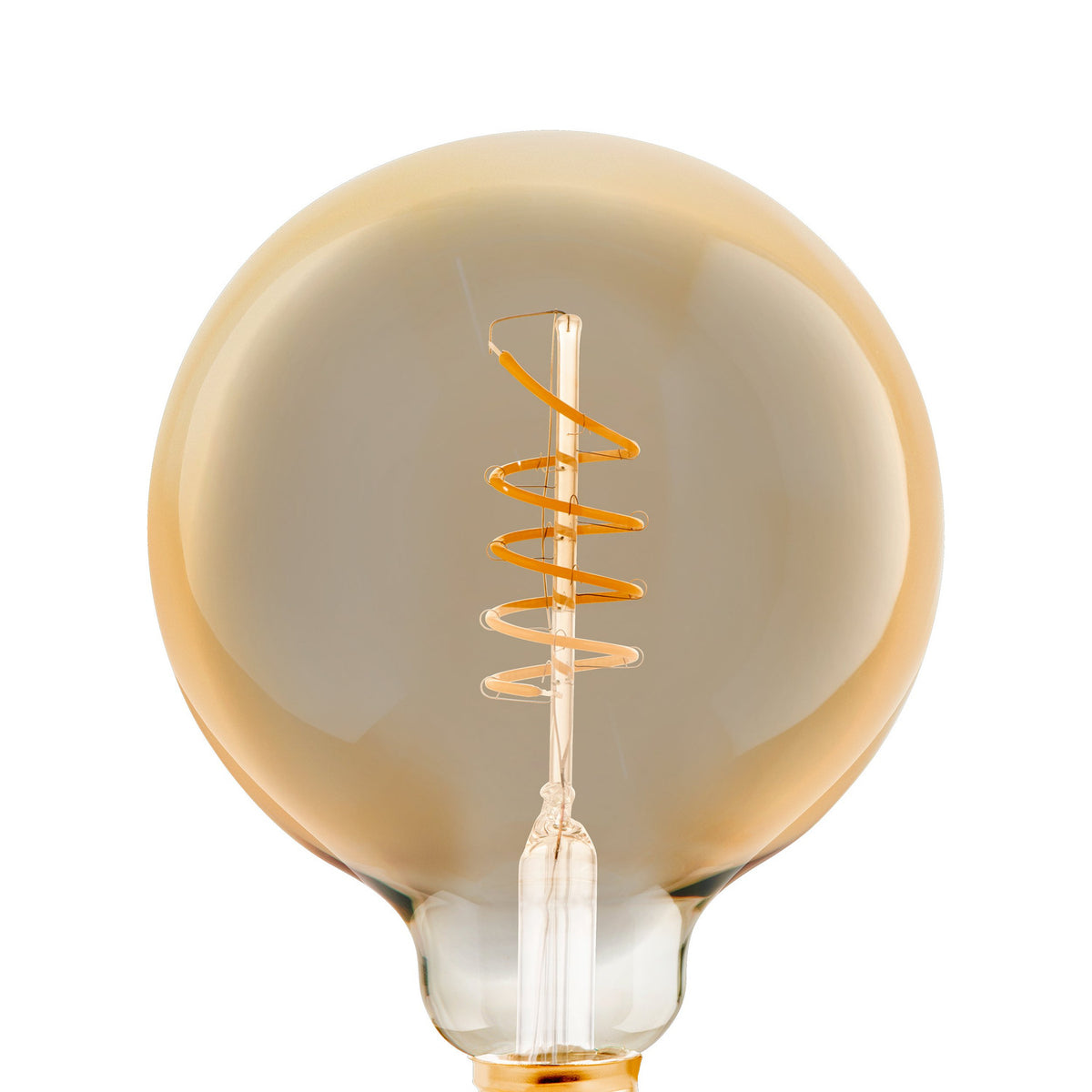 Amber-tinted LED globe bulb (G125, E27) with a spiral filament on a slim glass stem, brass-coloured screw cap, shown close-up against a plain white background.