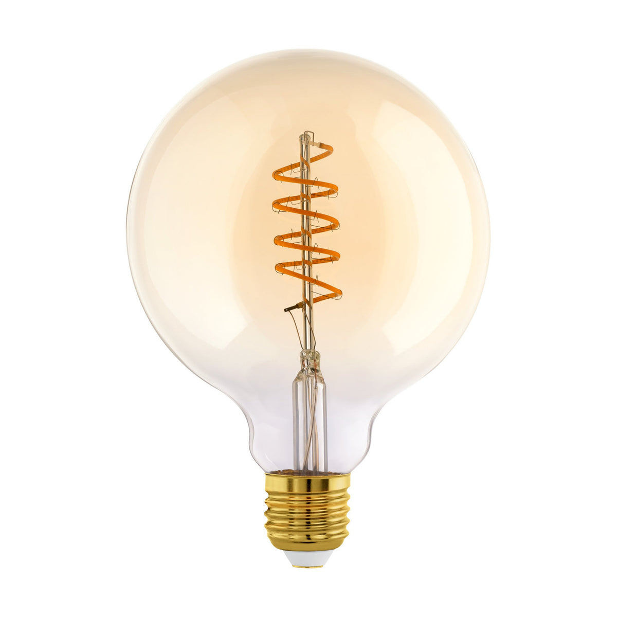 Large amber-tinted LED globe bulb (G125) with spiral filament and brass E27 screw cap, shown on a plain white background.