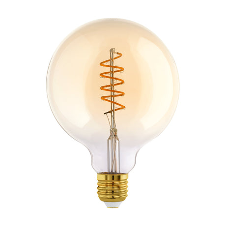Large amber-tinted LED globe bulb (G125) with spiral filament and brass E27 screw cap, shown on a plain white background.
