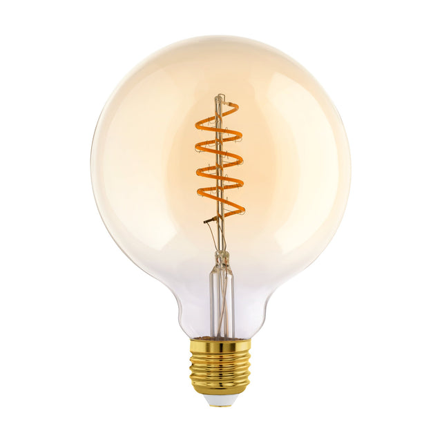 Large amber-tinted LED globe bulb (G125) with spiral filament and brass E27 screw cap, shown on a plain white background.