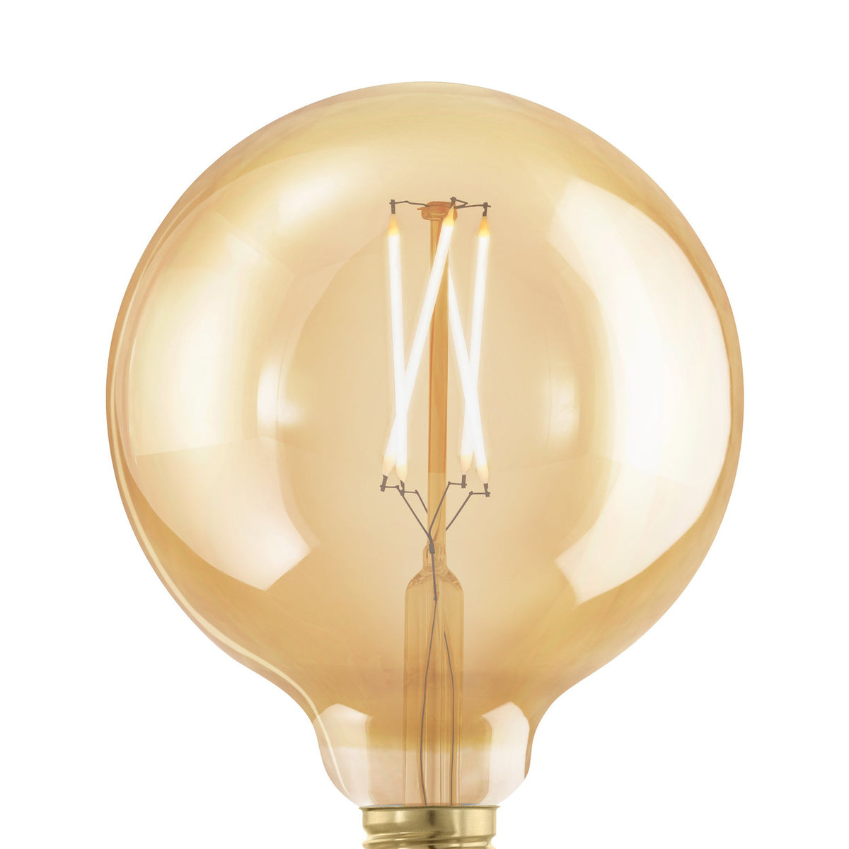 Amber glass LED globe bulb (G125, E27) with visible zigzag filaments on a clear stem and brass-coloured cap, shown close-up against a plain white background.