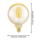 Amber glass LED globe bulb, G125 shape with E27 brass screw cap and visible zigzag filaments, shown with dimension labels 17cm height and 12.5cm width on a white background.