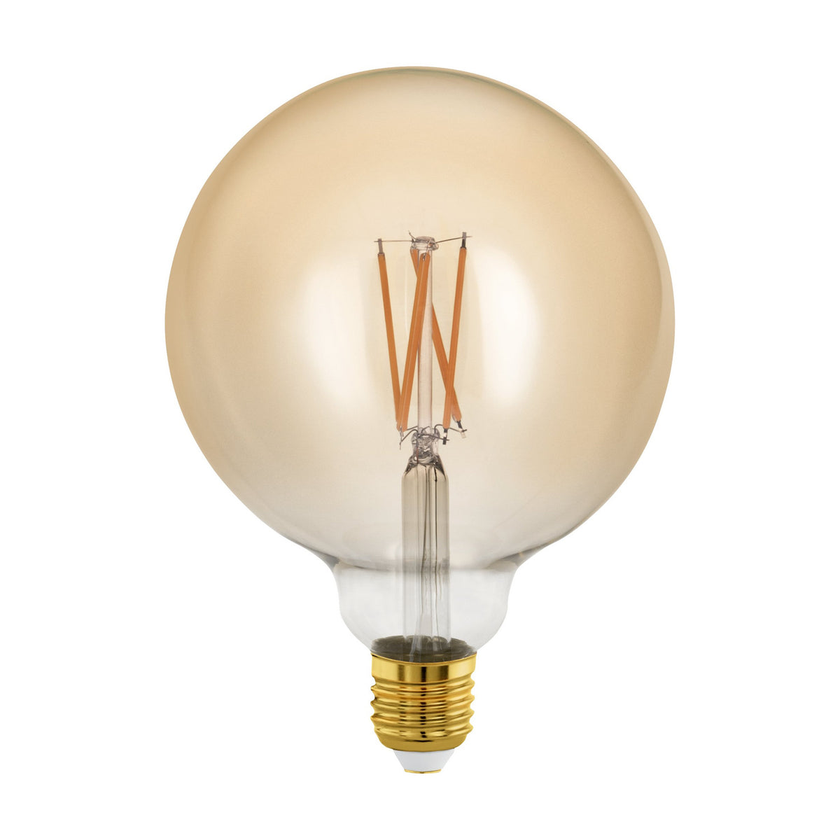 Amber glass LED globe bulb, G125 shape with E27 brass screw cap, visible zigzag filaments on a clear stem, dimmable, warm white, shown on a plain white background.