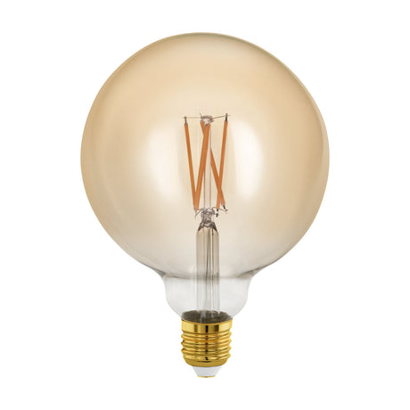 Amber glass LED globe bulb, G125 shape with E27 brass screw cap, visible zigzag filaments on a clear stem, dimmable, warm white, shown on a plain white background.
