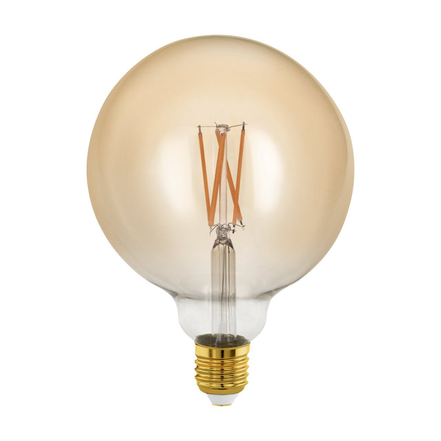 Amber glass LED globe bulb, G125 shape with E27 brass screw cap, visible zigzag filaments on a clear stem, dimmable, warm white, shown on a plain white background.