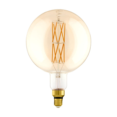 Amber Dimmable LED Globe Bulb E27 G200, large globe with criss-cross filament lattice, clear glass neck, and gold-toned E27 cap on a plain white background.