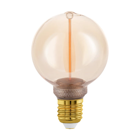 Amber glass G80 globe LED bulb with E27 brass screw cap and single vertical filament, dimmable, warm white, shown on a plain white background.