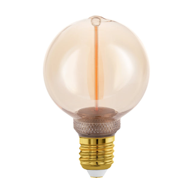 Amber glass G80 globe LED bulb with E27 brass screw cap and single vertical filament, dimmable, warm white, shown on a plain white background.