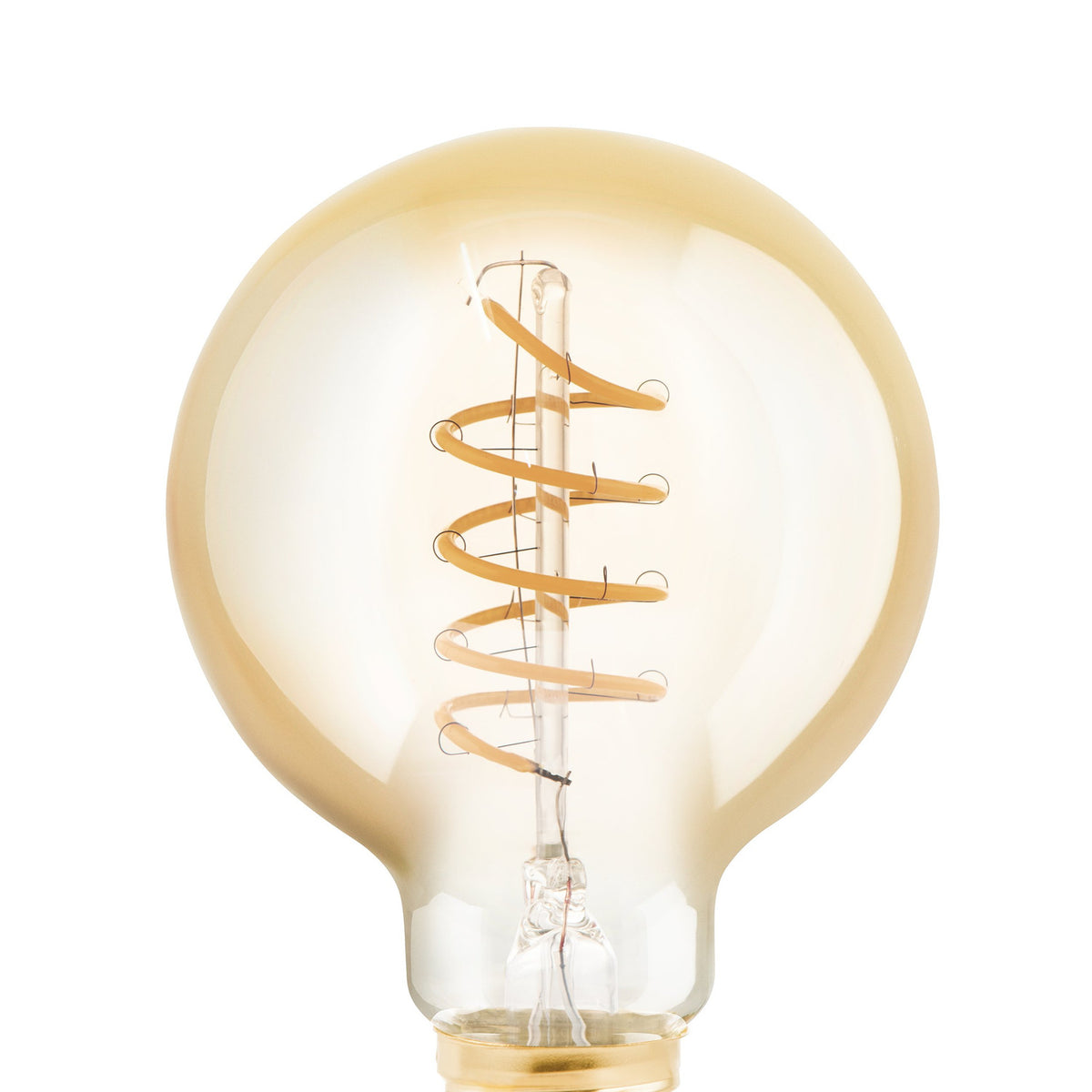 Amber glass LED globe bulb, G80 round shape, with spiral filament coiled around a central stem and gold-toned E27 screw cap, shown close-up on a white background.