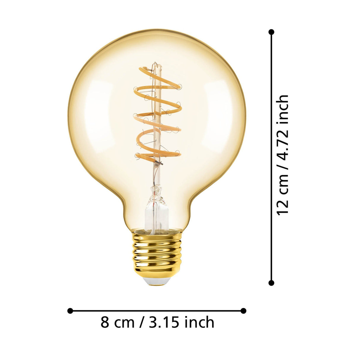 Amber glass LED globe bulb, G80 shape with spiral filament and gold-toned E27 screw cap, shown with dimensions 8cm x 12cm on a white background.