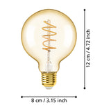 Amber glass LED globe bulb, G80 shape with spiral filament and gold-toned E27 screw cap, shown with dimensions 8cm x 12cm on a white background.