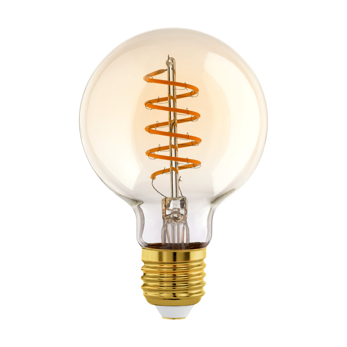 Amber glass LED globe bulb, G80 round shape, with a spiral orange filament coiling around a central stem and a gold-toned E27 screw cap, shown on a plain white background.