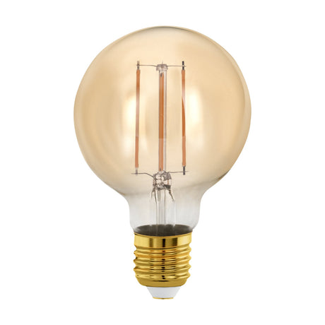 Amber Dimmable LED Globe Bulb E27 G80, featuring a rounded amber glass shade with visible LED filaments and a brass-coloured E27 screw cap, shown on a plain white background.