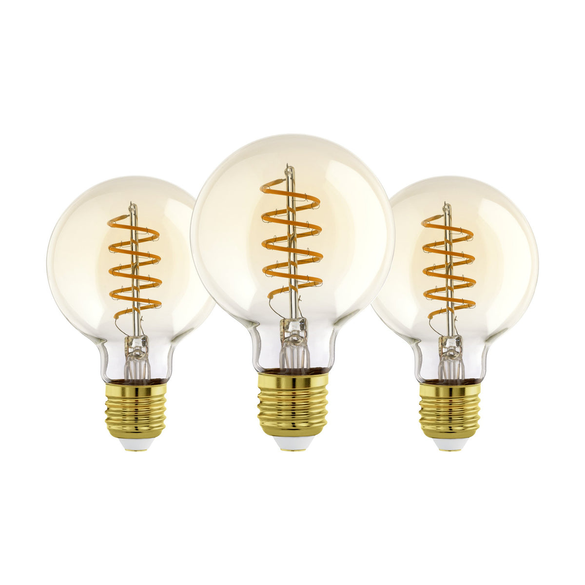 Set of three amber LED globe bulbs, G80 shape, with spiral filaments and brass-coloured E27 screw caps, shown on a plain white background.