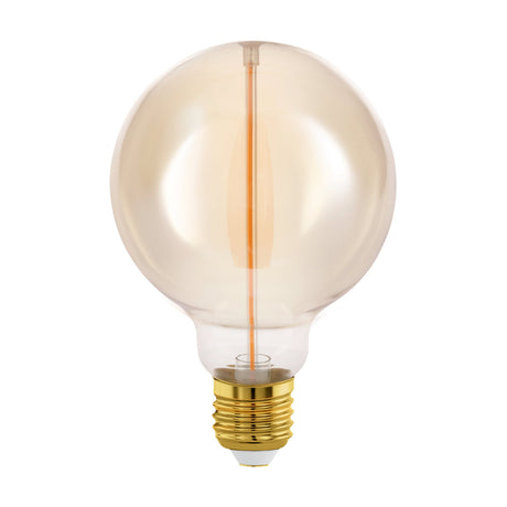 Amber Dimmable LED Globe Bulb G95 with visible upright filament and brass-coloured E27 screw cap, shown on a plain white background.