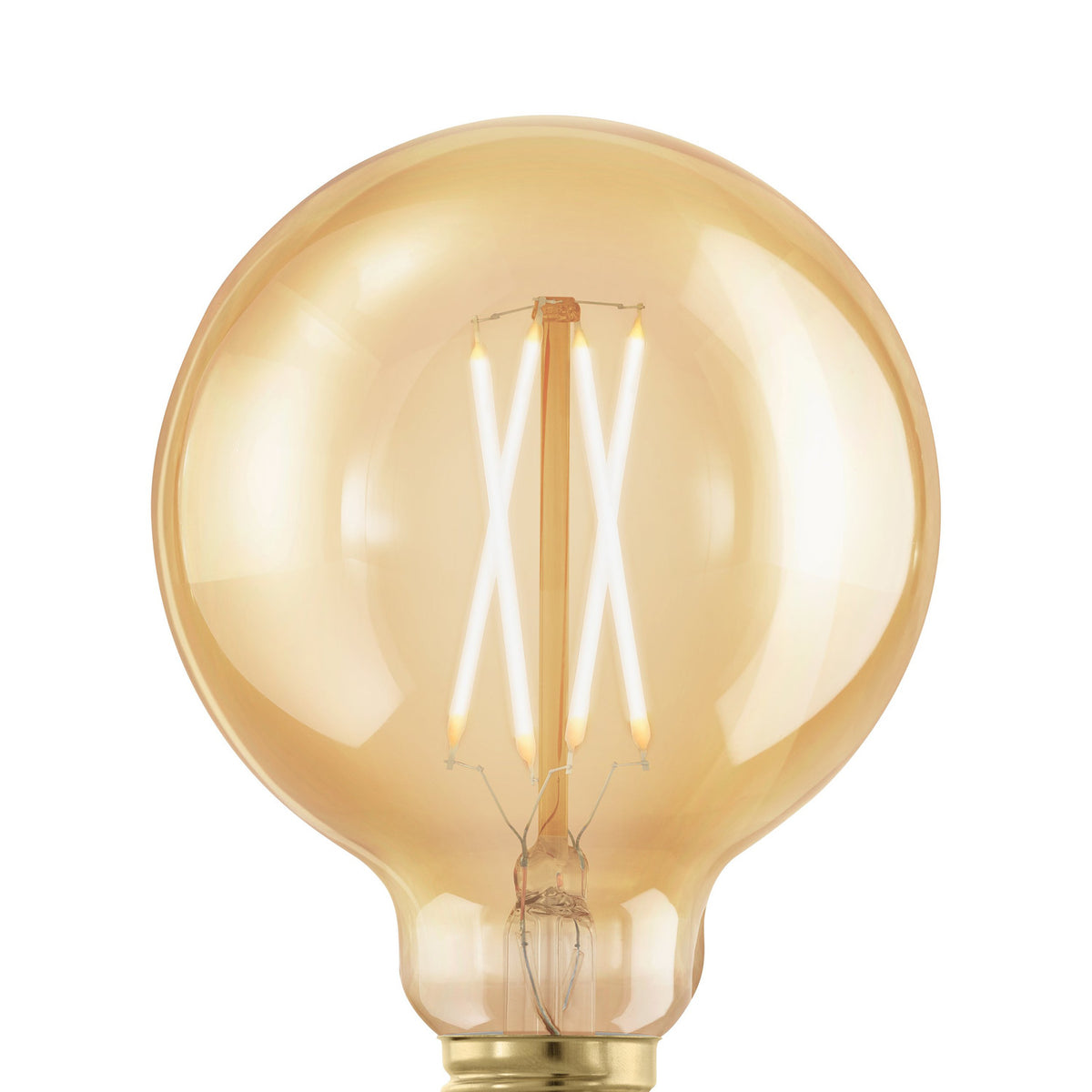 Close-up of an amber glass G95 LED globe bulb with E27 screw cap, showing upright crossed filaments, dimmable, warm white, on a plain white background.