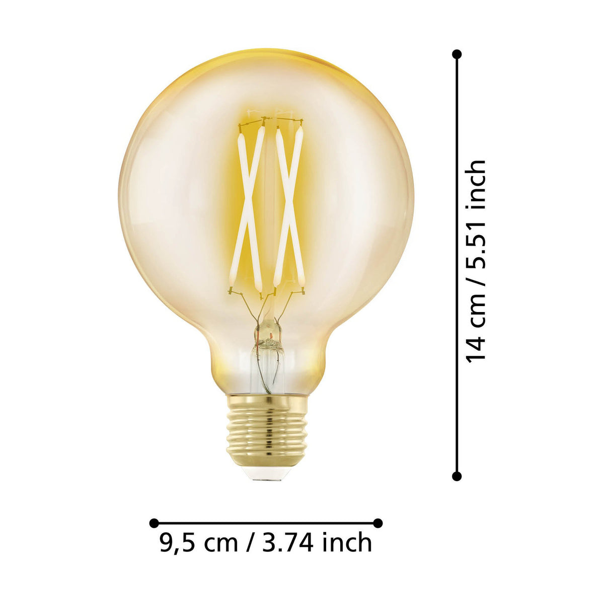 Amber glass LED globe bulb, G95 shape with visible upright filaments and E27 brass screw cap, shown with dimension labels of 14cm height and 9.5cm diameter on a white background.