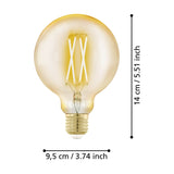 Amber glass LED globe bulb, G95 shape with visible upright filaments and E27 brass screw cap, shown with dimension labels of 14cm height and 9.5cm diameter on a white background.