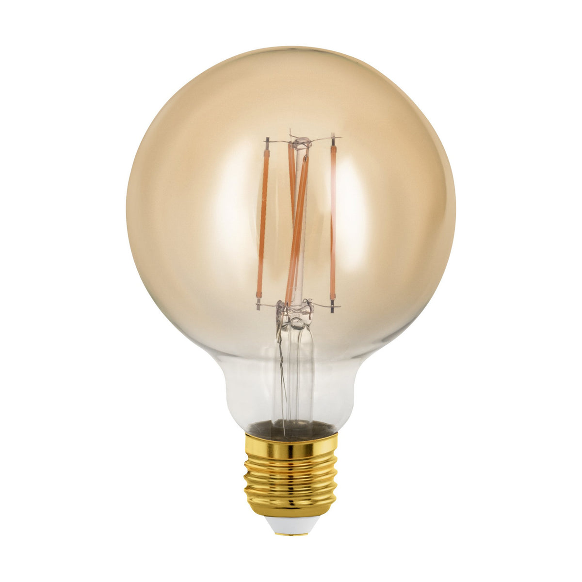Amber Dimmable LED Globe Bulb E27 G95, 4W 300lm warm white, large round amber glass globe with visible upright filaments and gold E27 screw cap, on a plain white background.
