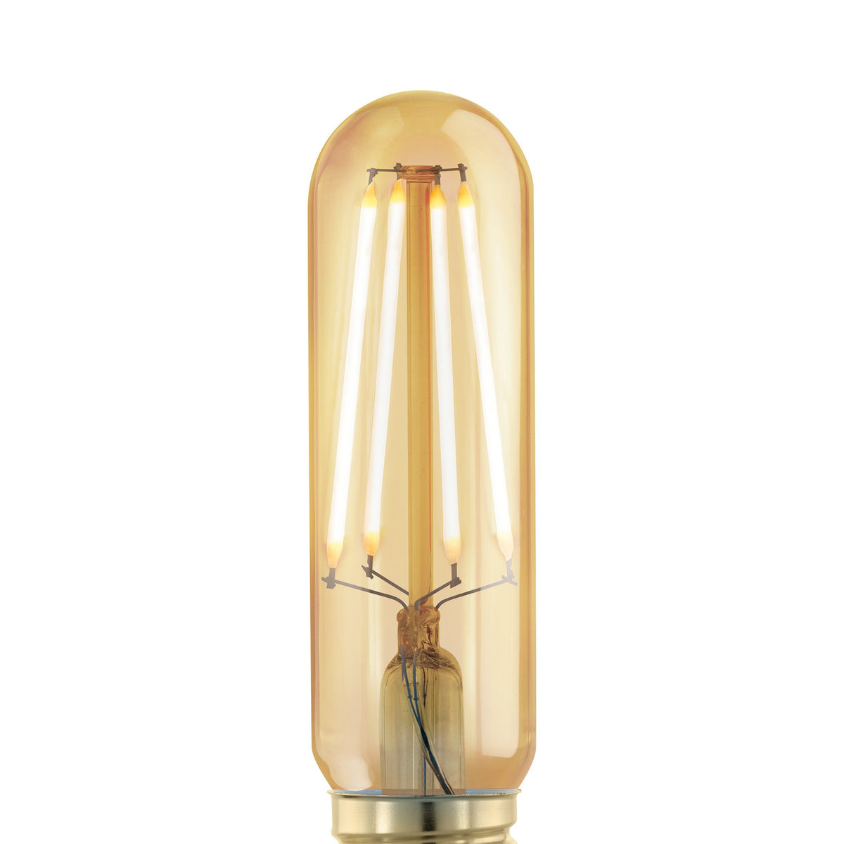 Amber Dimmable LED Tubular Bulb E27 T32, 4W 300lm warm white, showing glowing filament strands around a central stem with brass screw cap on a white background.