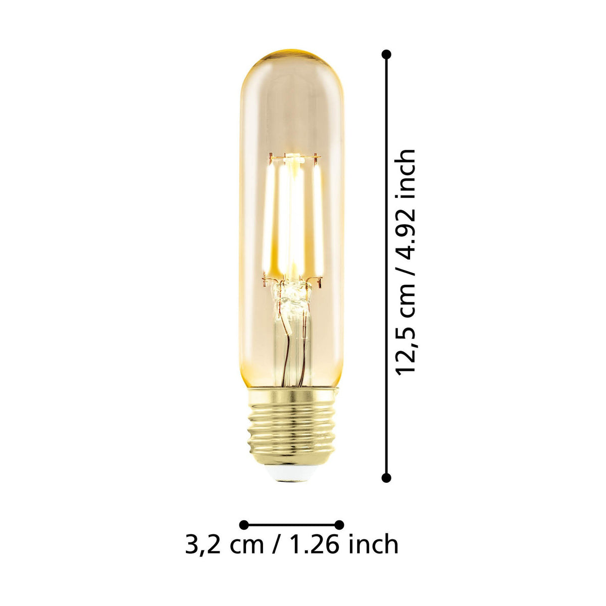 Amber glass tubular LED filament bulb, E27 screw cap, 12.5cm x 3.2cm, with visible filament stem, shown on a white background with size dimensions labelled.