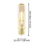 Amber glass tubular LED filament bulb, E27 screw cap, 12.5cm x 3.2cm, with visible filament stem, shown on a white background with size dimensions labelled.