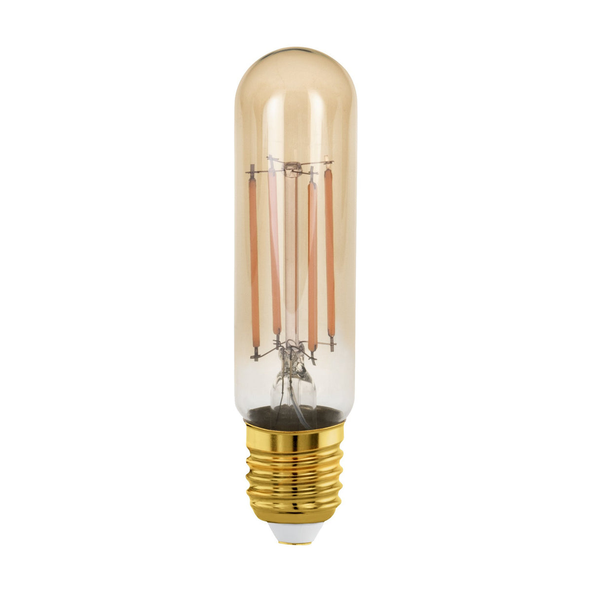 Amber Dimmable LED Tubular Bulb E27 T32, showing visible straight filaments around a clear central stem in amber glass, with brass E27 screw cap, on a plain white background.