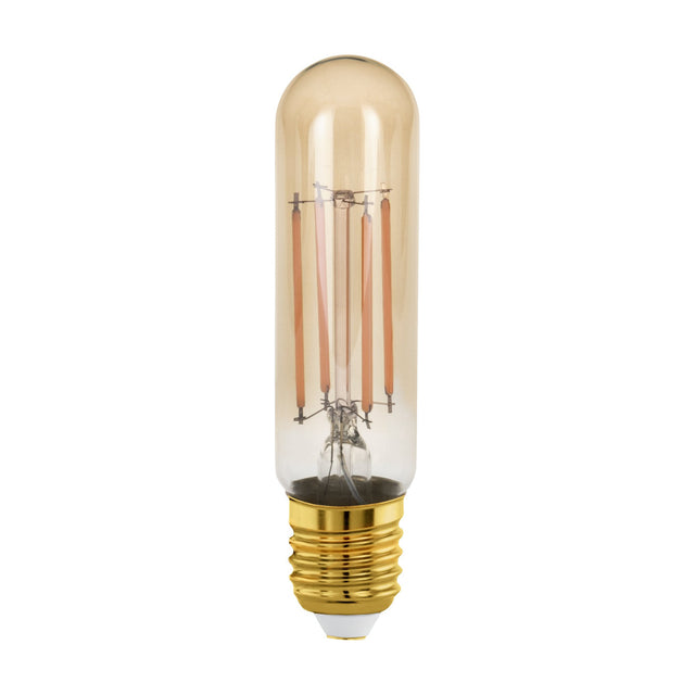 Amber Dimmable LED Tubular Bulb E27 T32, showing visible straight filaments around a clear central stem in amber glass, with brass E27 screw cap, on a plain white background.