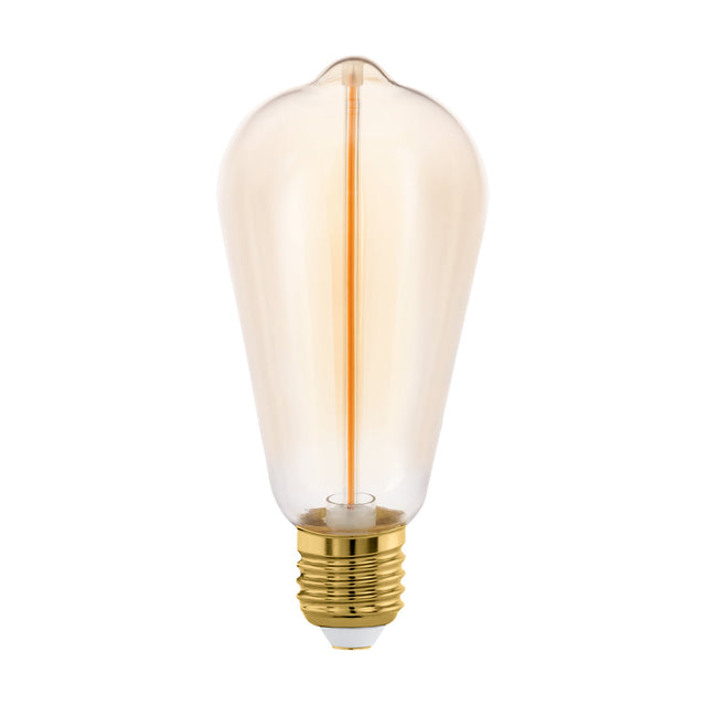 Amber LED vintage ST64 bulb with teardrop glass shape, brass-coloured E27 screw cap, and single straight filament, shown on a plain white background.
