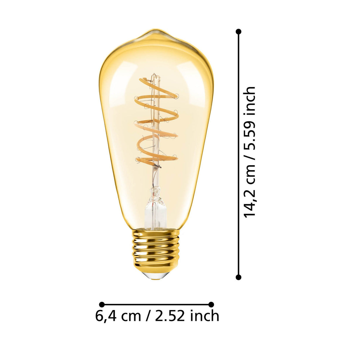 Amber LED vintage ST64 bulb with spiral filament and gold E27 screw cap, shown with dimension labels of 14.2cm height and 6.4cm width on a white background.