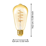 Amber LED vintage ST64 bulb with spiral filament and gold E27 screw cap, shown with dimension labels of 14.2cm height and 6.4cm width on a white background.