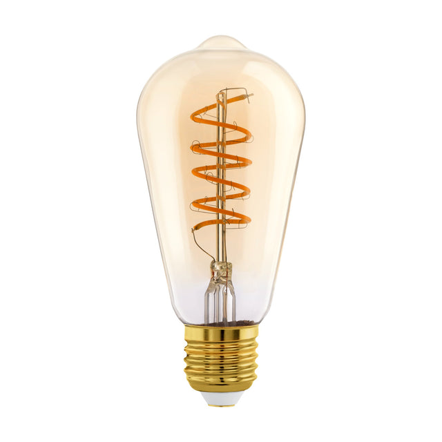 Amber Dimmable LED Vintage Bulb, ST64 teardrop shape with spiral filament, gold-coloured E27 screw cap, warm white 4W LED, shown on a plain white background.