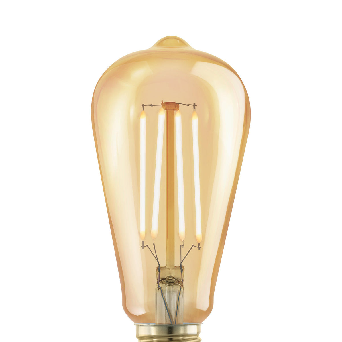 Amber dimmable LED vintage bulb, ST64 teardrop shape with visible upright filaments on a central stem and gold-coloured E27 screw cap, on a plain white background.