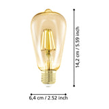 Amber dimmable LED vintage ST64 bulb with visible upright filaments, gold E27 screw cap, shown with dimension labels of 14.2cm height and 6.4cm width on a white background.