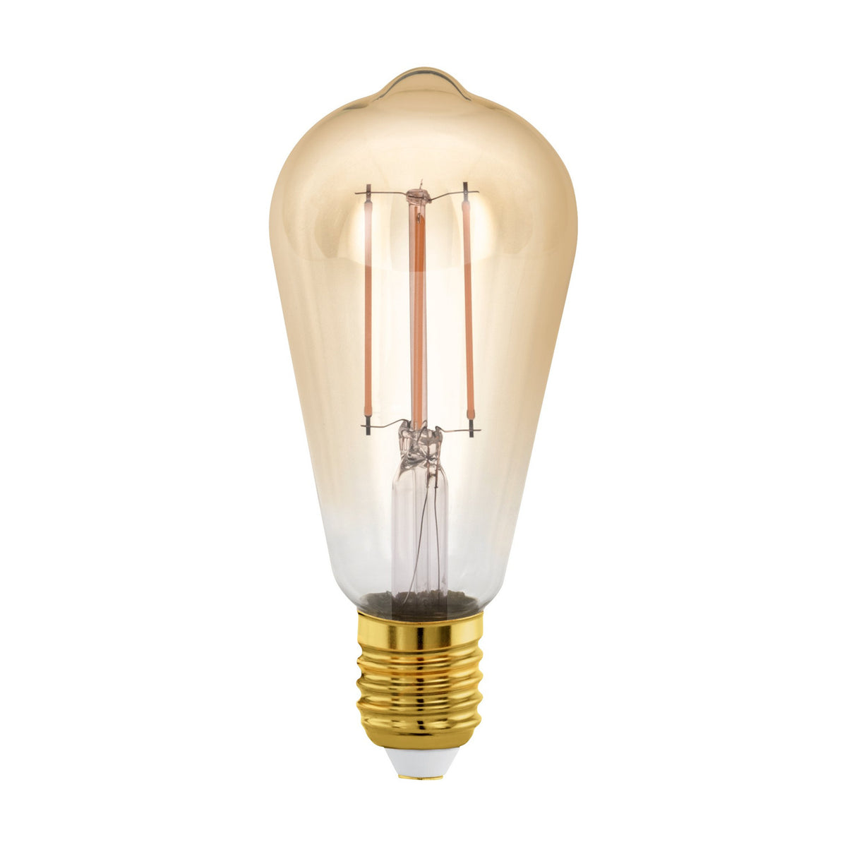 Amber dimmable LED vintage bulb, ST64 teardrop shape with visible upright filaments and gold-coloured E27 screw cap, shown on a plain white background.