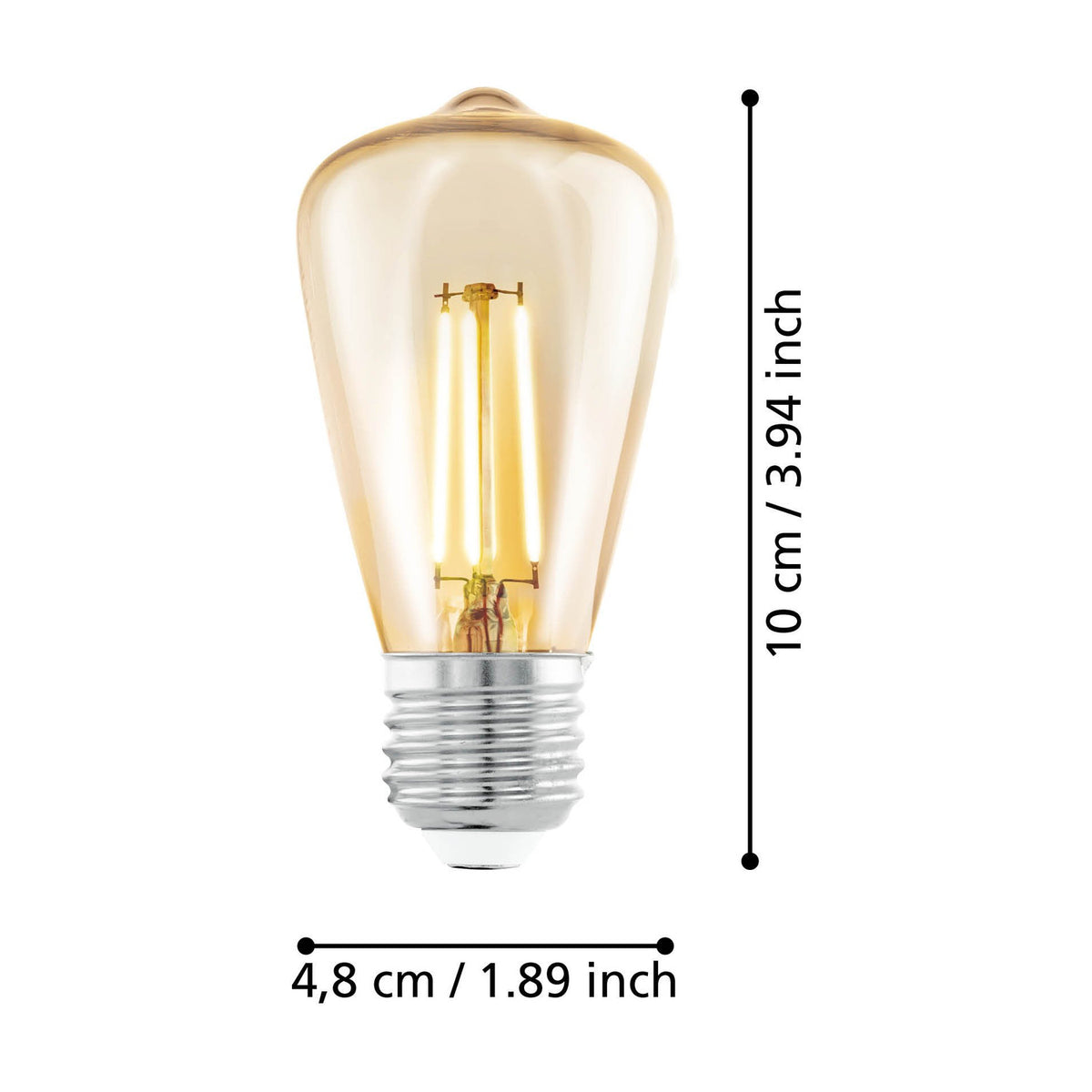 Amber LED Bulb E27 4W, vintage squirrel-cage glass shape with visible upright filaments, shown with size dimensions of 10cm height and 4.8cm width on a white background.