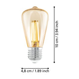 Amber LED Bulb E27 4W, vintage squirrel-cage glass shape with visible upright filaments, shown with size dimensions of 10cm height and 4.8cm width on a white background.