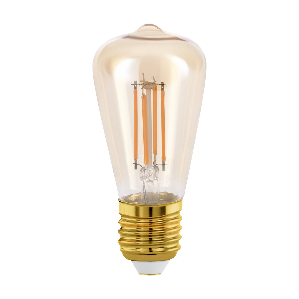 Amber LED bulb, E27, in a tapered ST-shape glass body with four upright filaments and a gold-tone screw cap, shown on a plain white background.