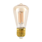 Amber LED bulb, E27, in a tapered ST-shape glass body with four upright filaments and a gold-tone screw cap, shown on a plain white background.