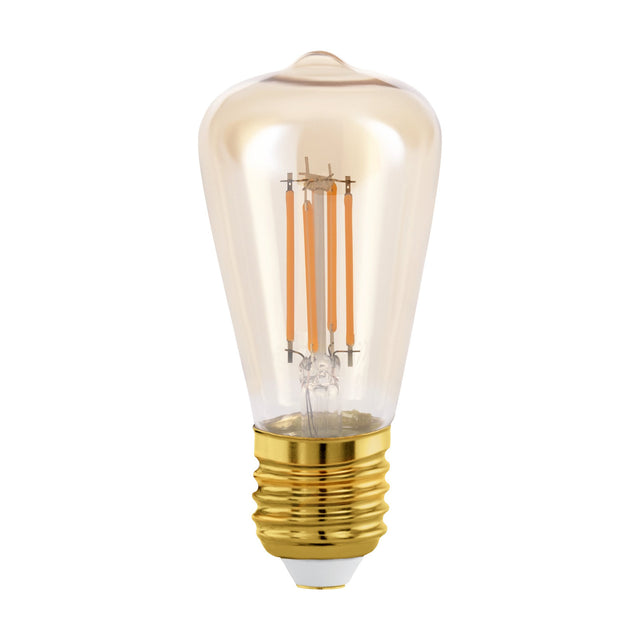 Amber LED bulb, E27, in a tapered ST-shape glass body with four upright filaments and a gold-tone screw cap, shown on a plain white background.