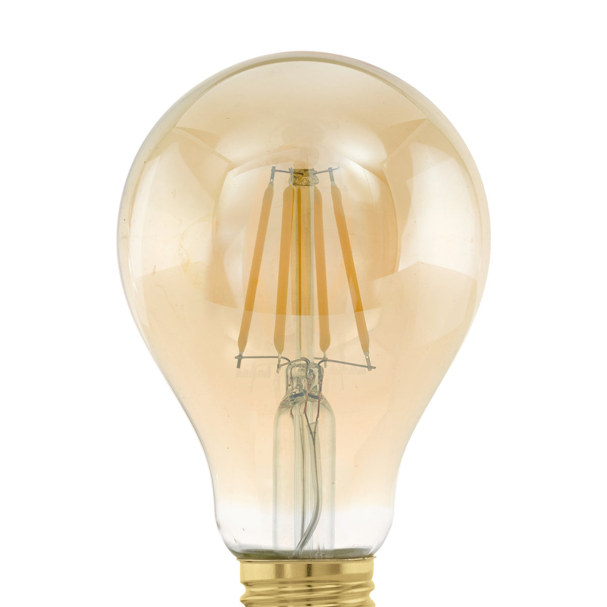 Close-up of an amber LED bulb, A-shaped glass with E27 screw cap, showing upright filament-style LEDs, 4W warm white 350lm, on a plain white background.