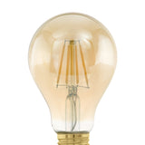 Close-up of an amber LED bulb, A-shaped glass with E27 screw cap, showing upright filament-style LEDs, 4W warm white 350lm, on a plain white background.