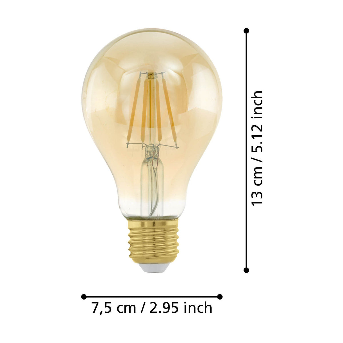 Amber LED bulb, A-shaped glass with E27 screw cap, visible upright filaments, shown with dimensions 13cm height and 7.5cm width on a white background.