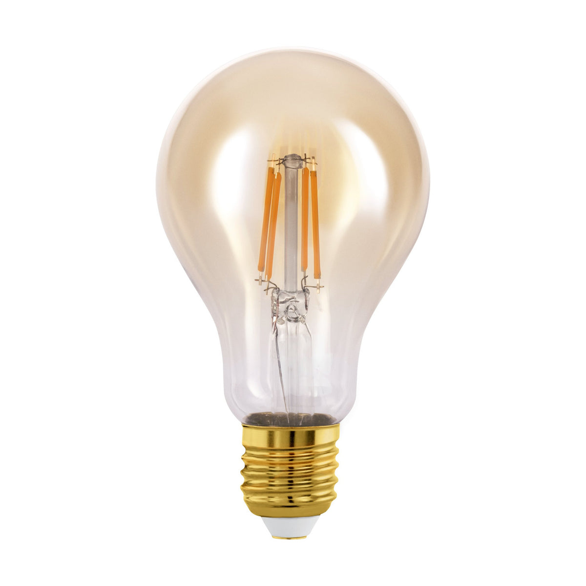 Amber LED bulb, A-shaped glass with E27 screw cap, showing upright filament strips, warm white 4W, on a plain white background.