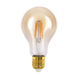 Amber LED bulb, A-shaped glass with E27 screw cap, showing upright filament strips, warm white 4W, on a plain white background.