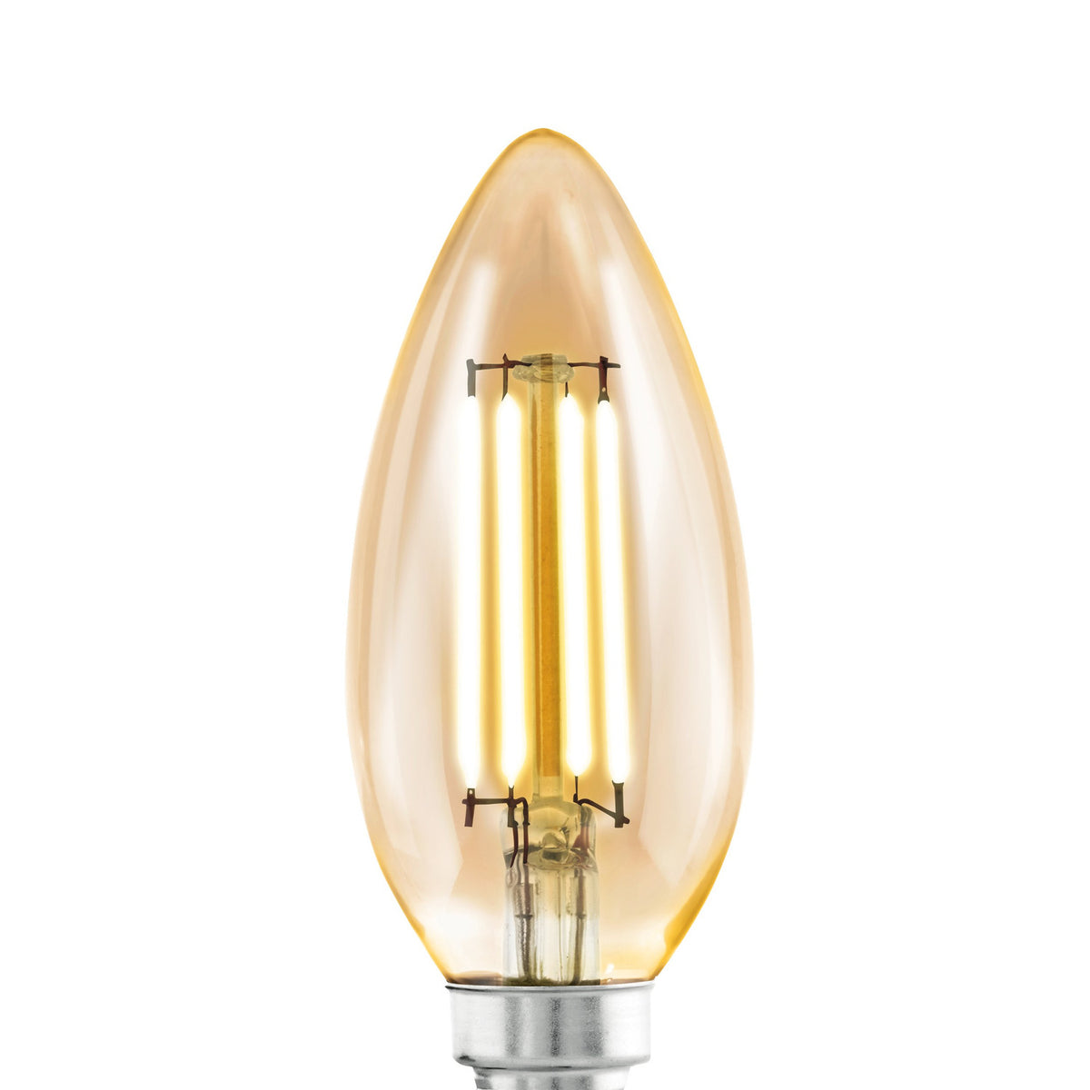 Amber LED candle bulb, E14 fitting, C35 shape, with visible upright LED filaments in tapered amber glass, shown on a plain white background.