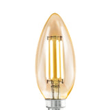 Amber LED candle bulb, E14 fitting, C35 shape, with visible upright LED filaments in tapered amber glass, shown on a plain white background.