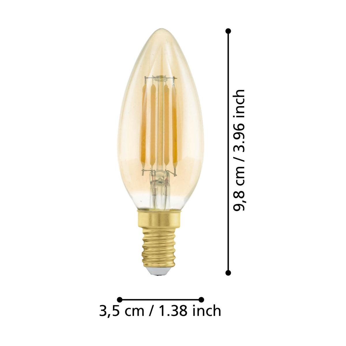 Amber LED candle bulb, E14 fitting, C35 shape with visible filaments, shown with dimension labels 9.8cm height and 3.5cm width on a white background.