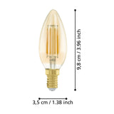 Amber LED candle bulb, E14 fitting, C35 shape with visible filaments, shown with dimension labels 9.8cm height and 3.5cm width on a white background.