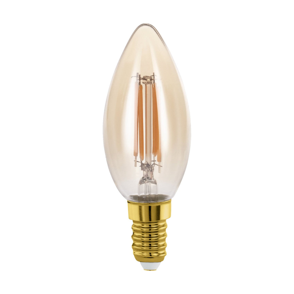 Amber LED candle bulb E14 C35 with tapered amber glass and visible upright filaments atop a brass-coloured screw cap, shown on a plain white background.